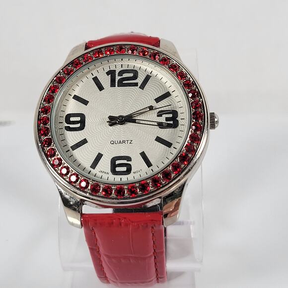 Red Crystal Bezel Quartz Watch with Leather Strap, Analog Display, 40mm Case - Picture 9 of 16